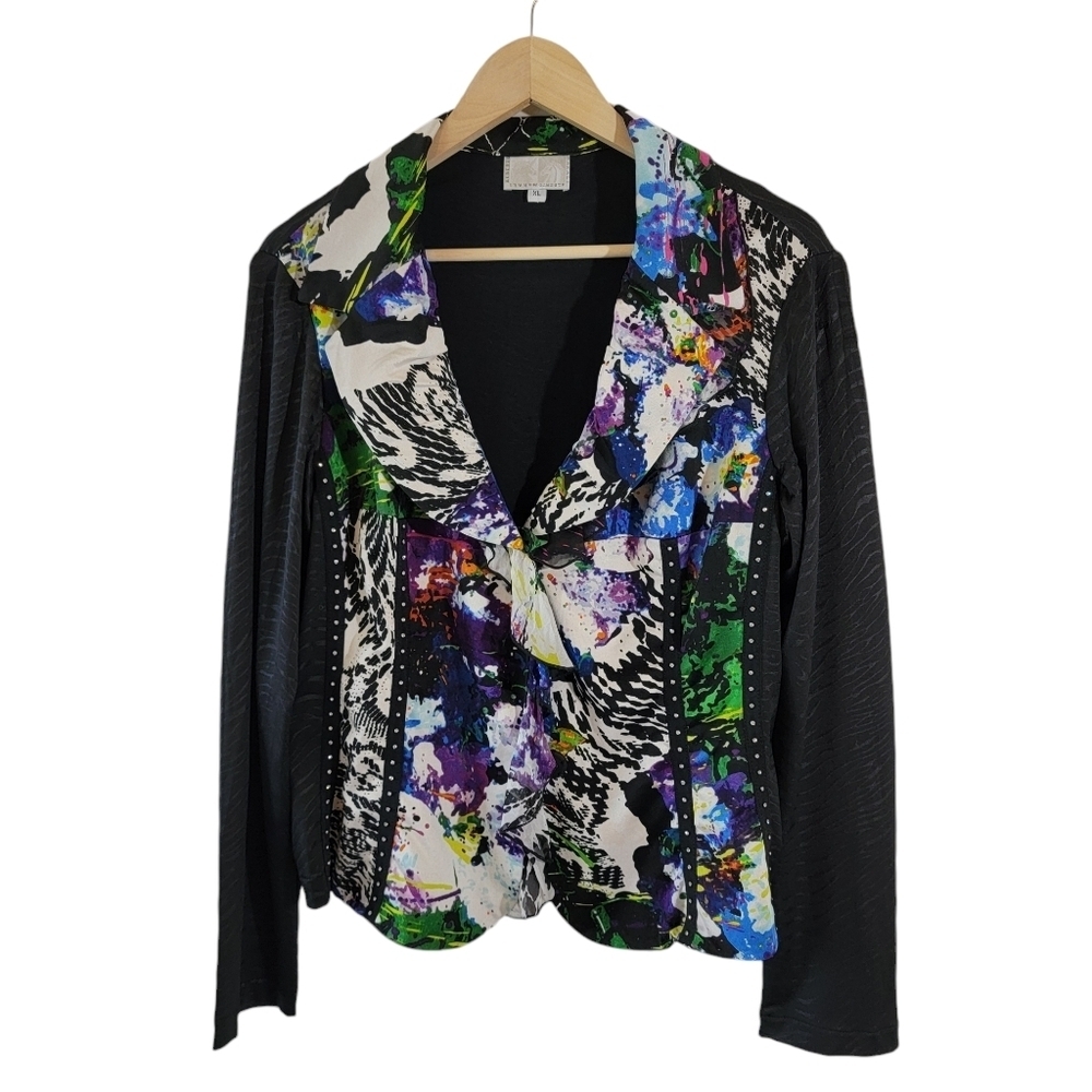 VTG ALBERTO MAKALI Silk Blend Jacket XL Abstract Ruffle Retro Boho Whimsigoth